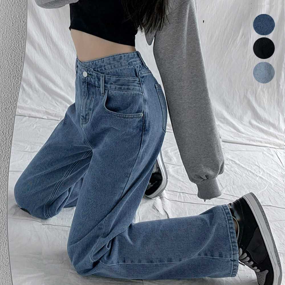 青ファッション ハイウエストクロスデザインデニムパンツ