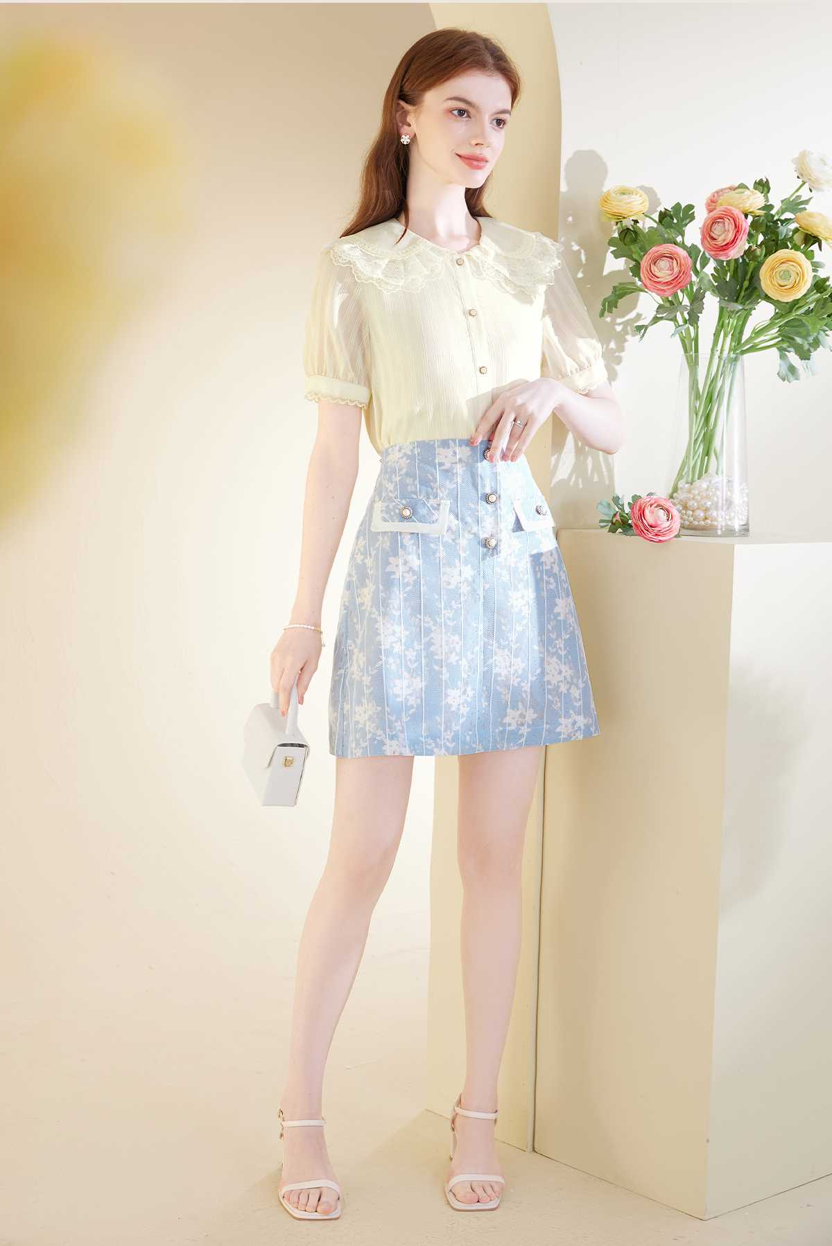 青ファッション 花柄ポケット付きミニスカート