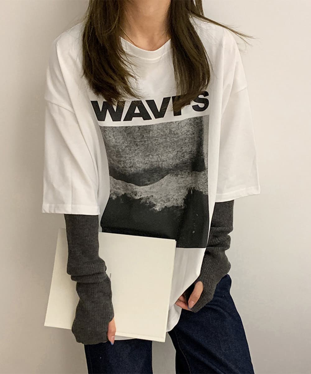 青ファッション ゆったりシルエット 波柄プリント長袖シャツ