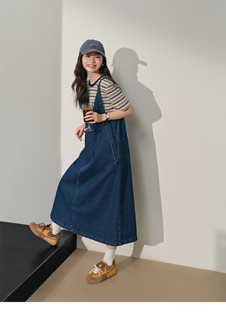 青ファッション 前開きデニムキャミワンピース