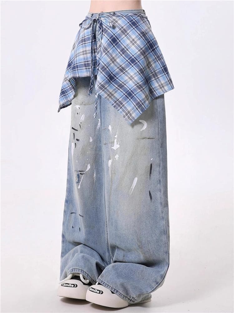 青ファッション チェック重ね風デニムワイドパンツ