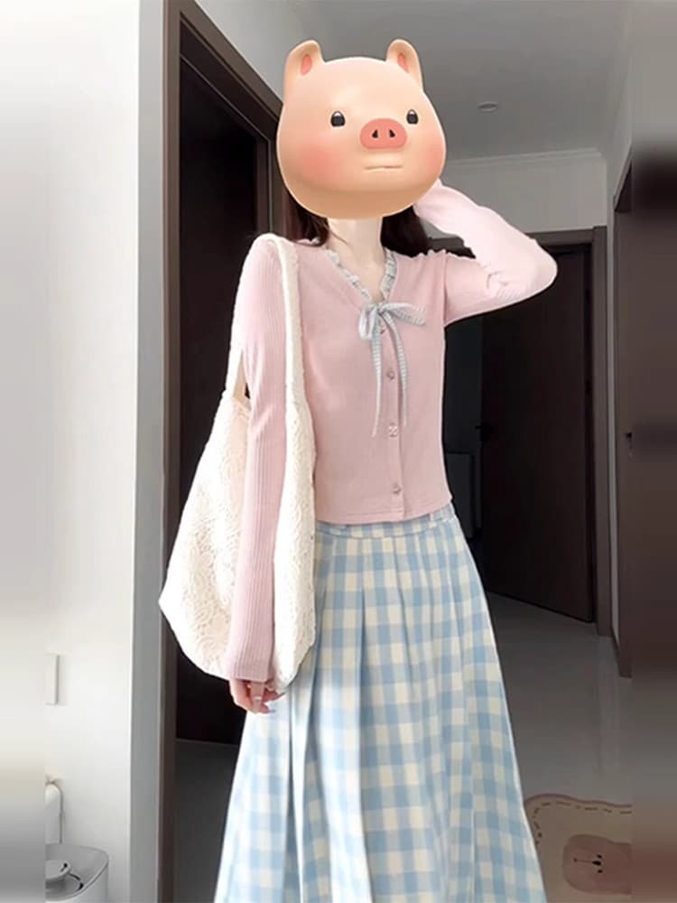 青ファッション 青ファッション 格子柄プリーツロングスカート