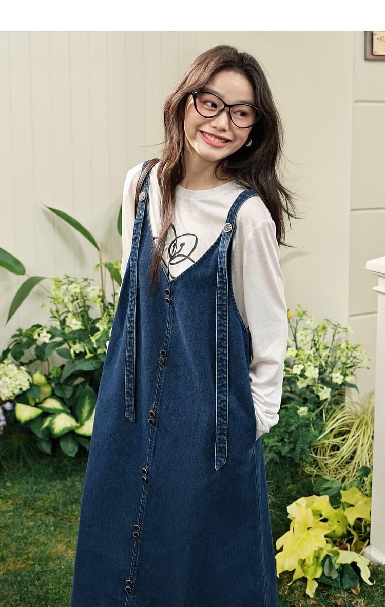 青ファッション 前開きデニムキャミワンピース