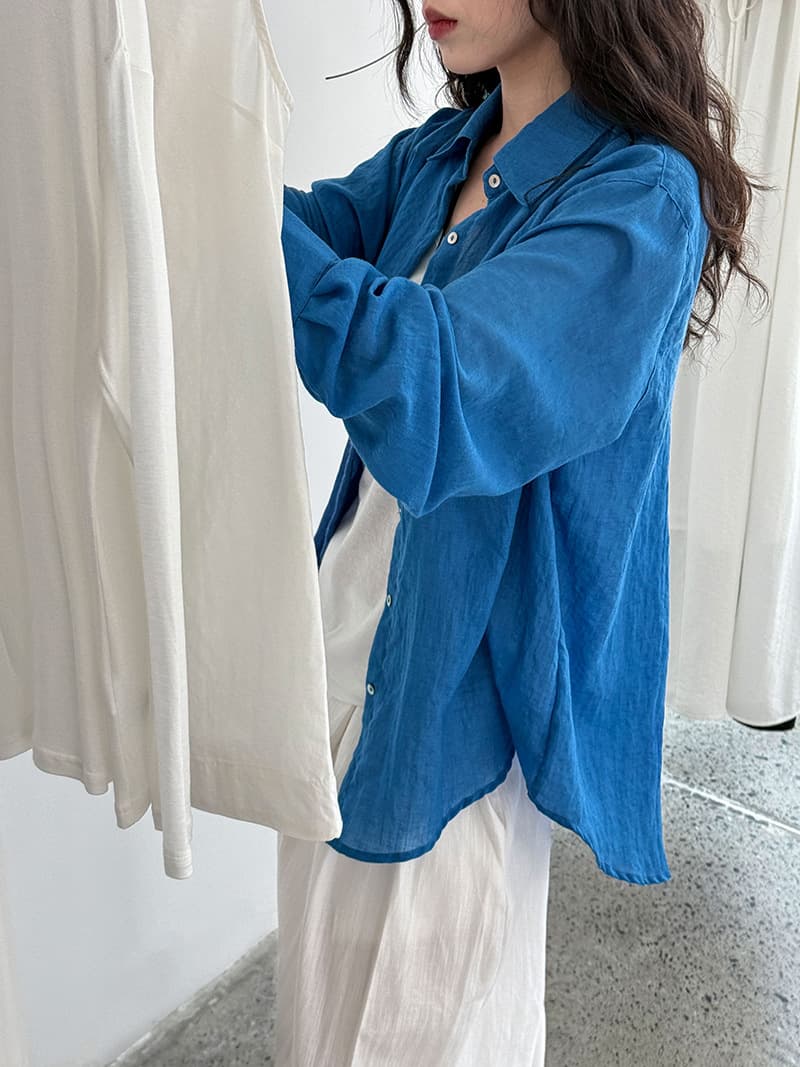 青ファッション 麻混リネンシャツカーディガン