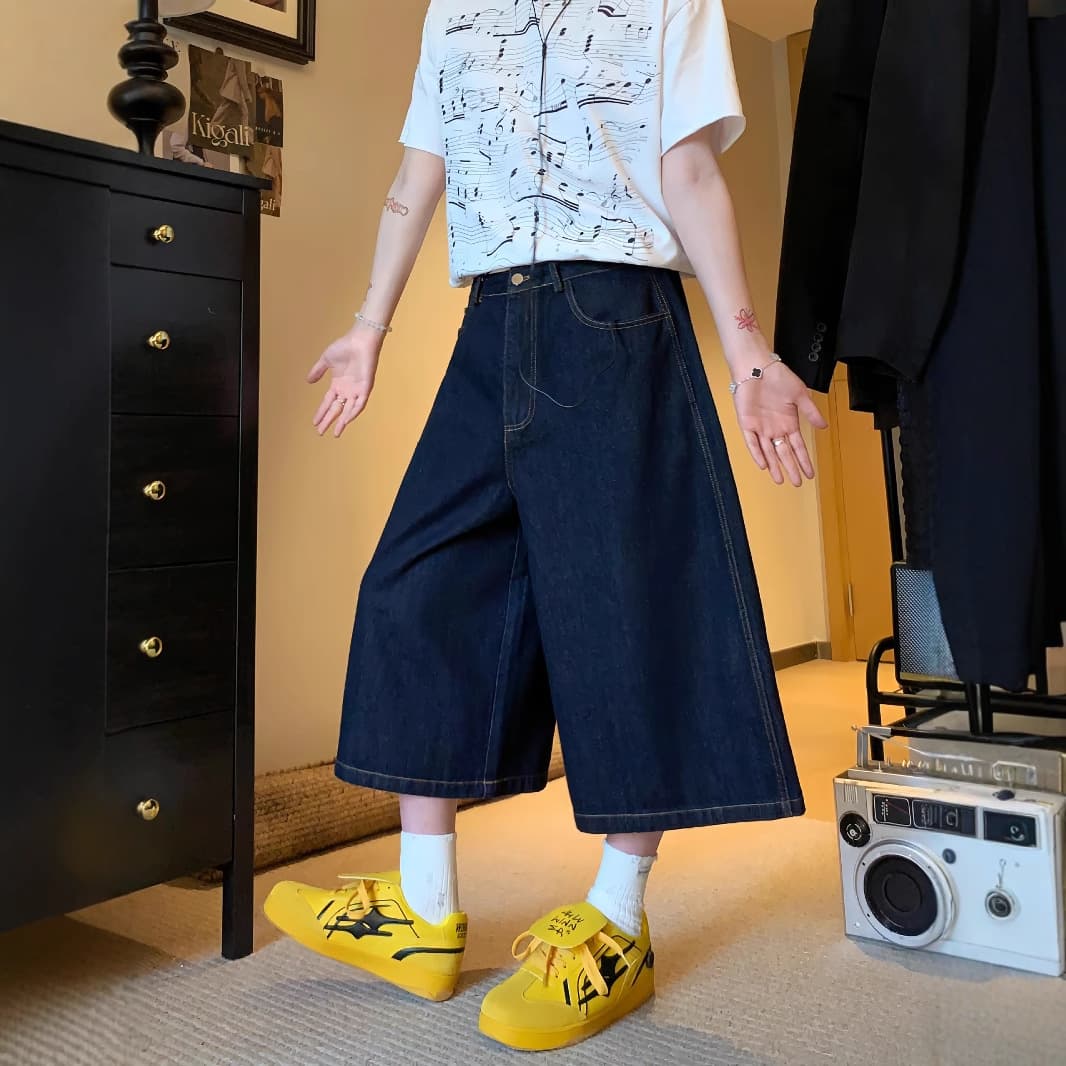 青ファッション カラフル刺繍デニムワイドパンツ