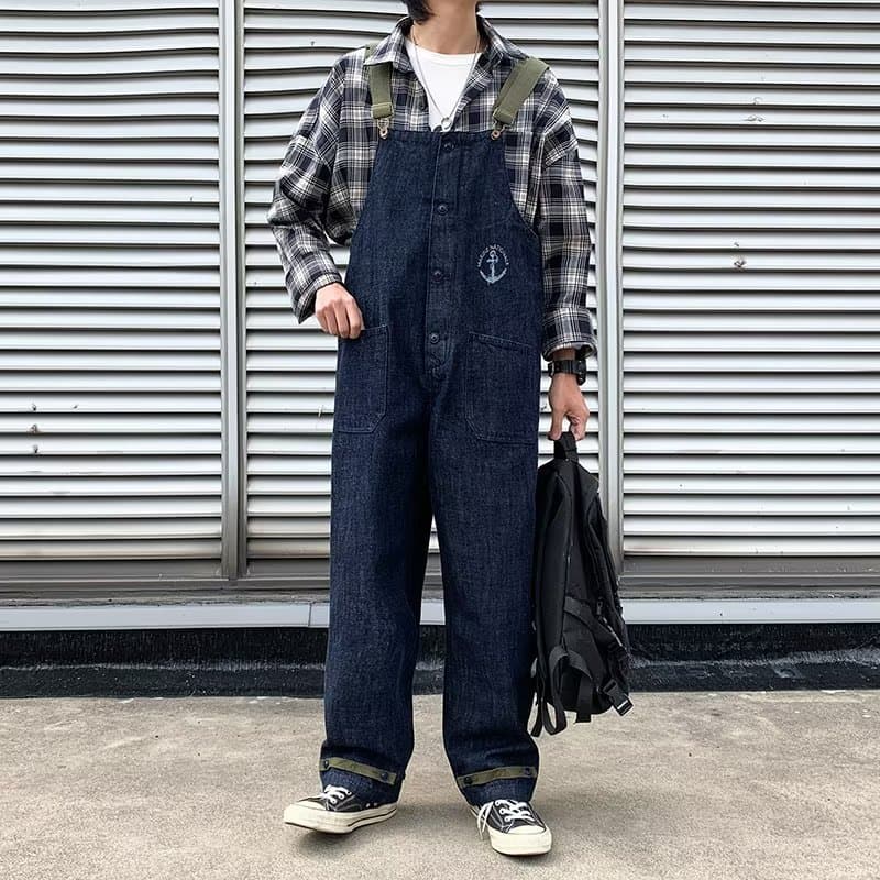 青ファッション マリンモチーフオーバーオールパンツ