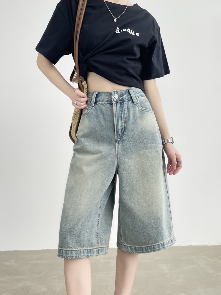 青ファッション ヴィンテージ風ゆったりデニムハーフパンツ