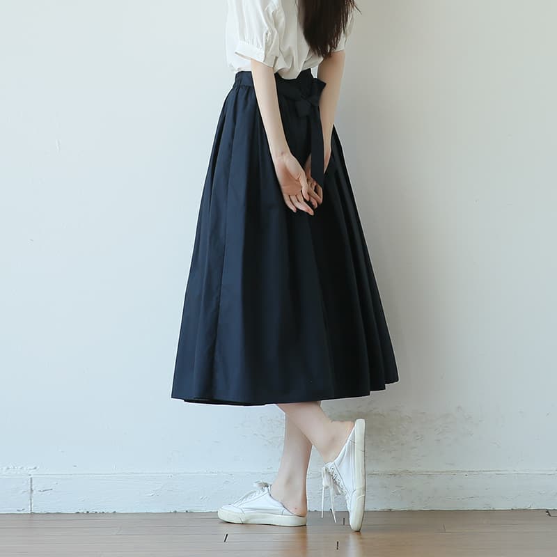 青ファッション ゆったりギャザーミディスカート