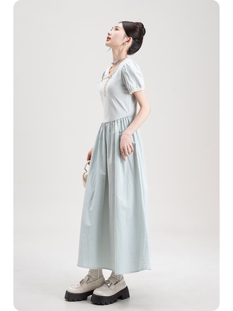 青ファッション 青ファッション 優美パフスリーブワンピース