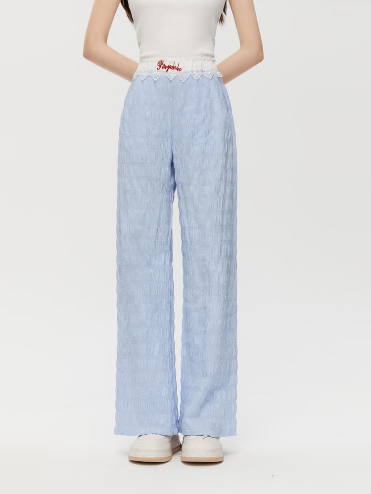 青ファッション 青ファッション レース縁取りしわ加工ワイドパンツ
