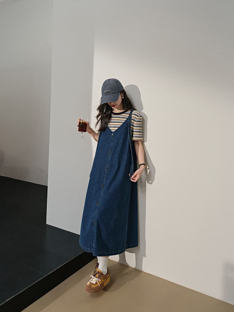 青ファッション 前開きデニムキャミワンピース