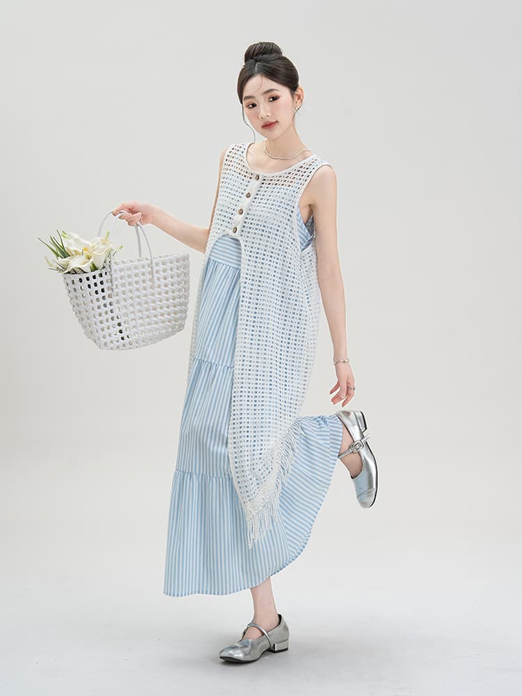青ファッション レイヤード風マキシスカート