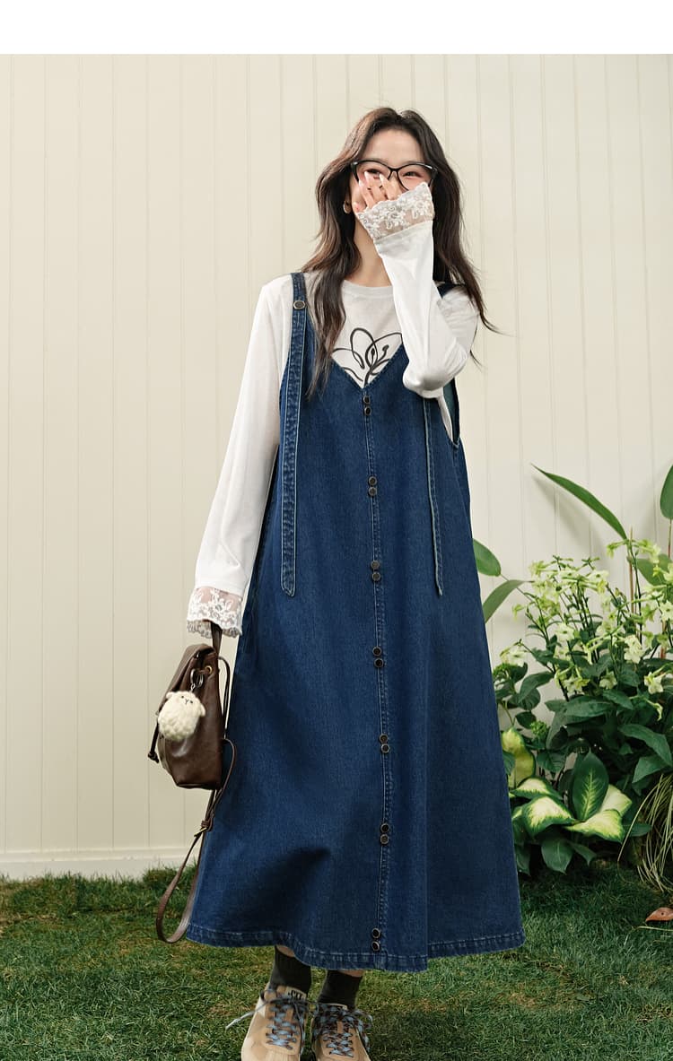 青ファッション 前開きデニムキャミワンピース