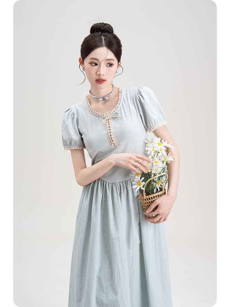 青ファッション 青ファッション 優美パフスリーブワンピース