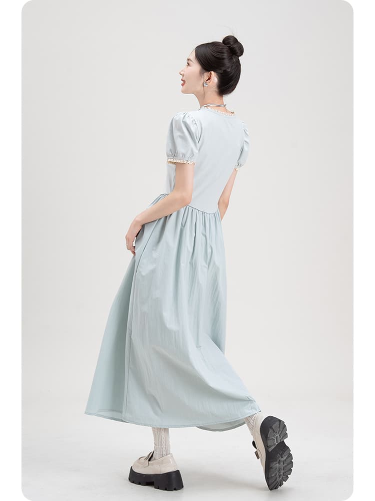 青ファッション 青ファッション 優美パフスリーブワンピース