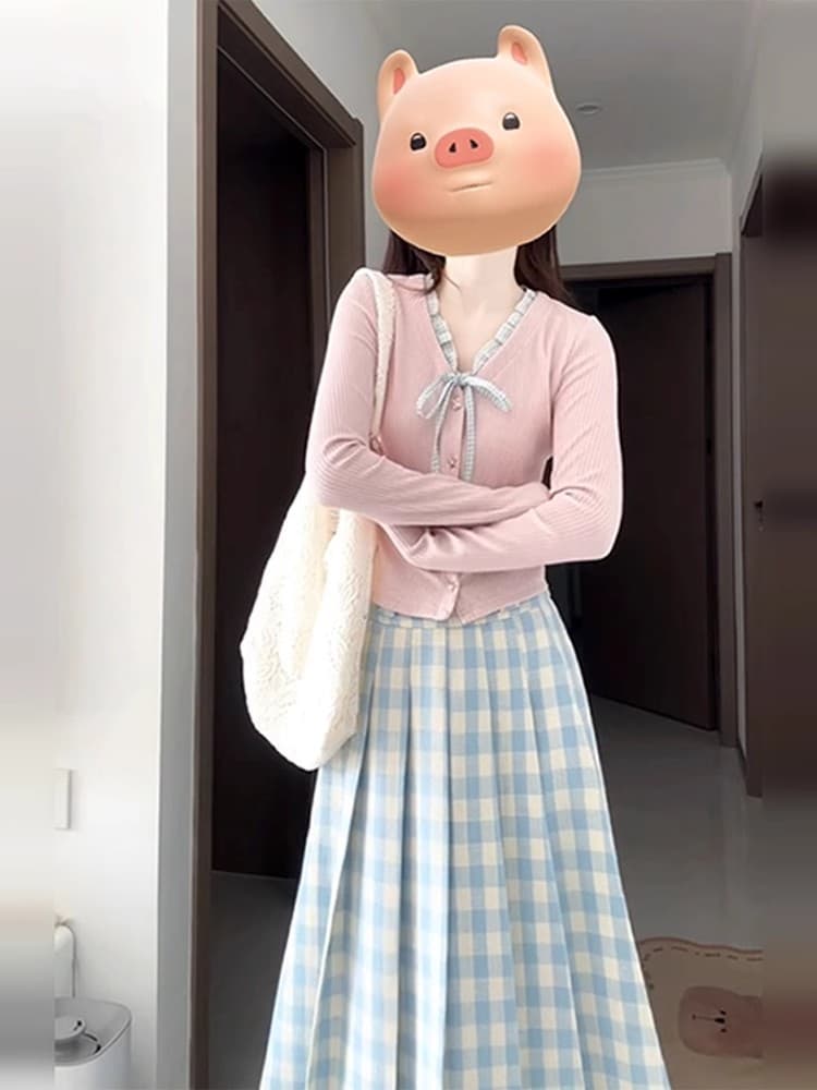 青ファッション 青ファッション 格子柄プリーツロングスカート