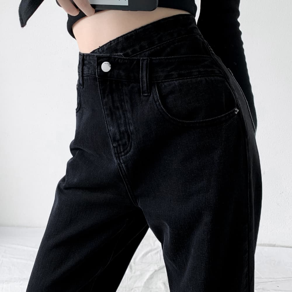 青ファッション ハイウエストクロスデザインデニムパンツ