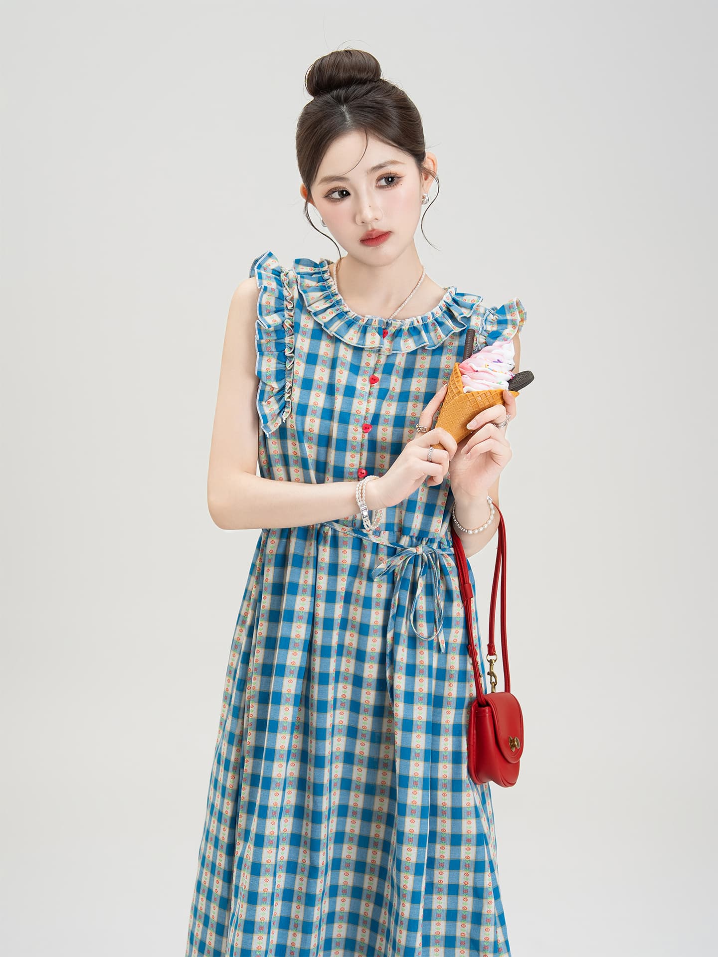 青ファッション 格子柄フリルロングワンピース