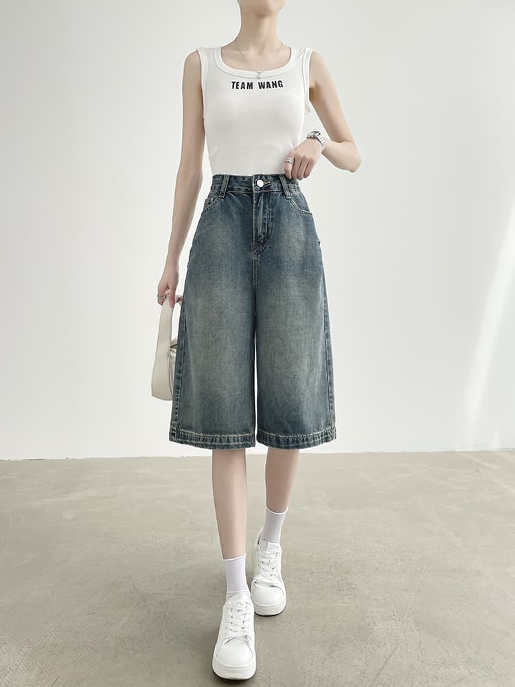 青ファッション ヴィンテージ風ゆったりデニムハーフパンツ