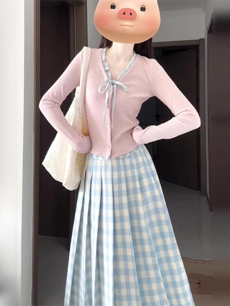 青ファッション 青ファッション 格子柄プリーツロングスカート