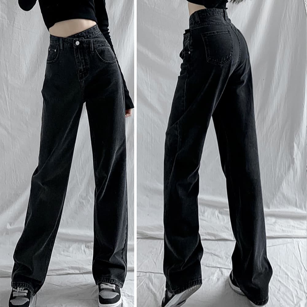 青ファッション ハイウエストクロスデザインデニムパンツ