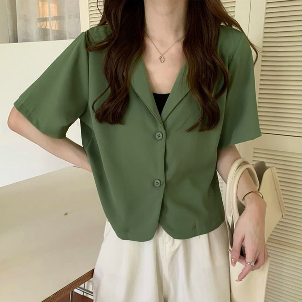 青ファッション 青み色クロップド丈半袖シャツジャケット