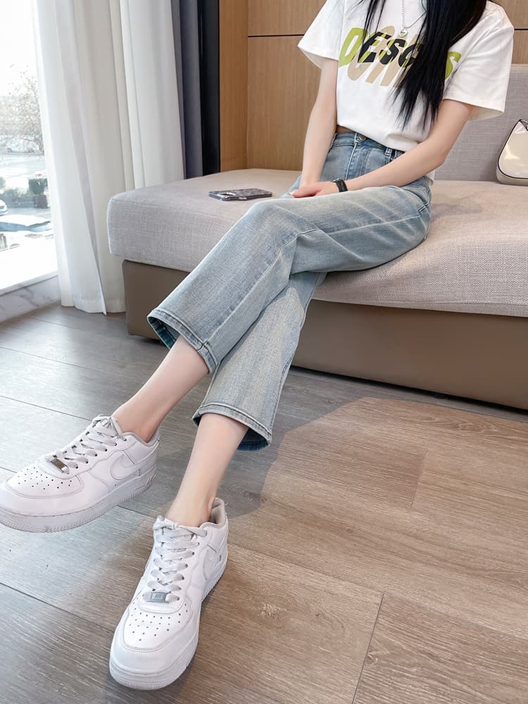 青ファッション ゆったりストレートデニムパンツ